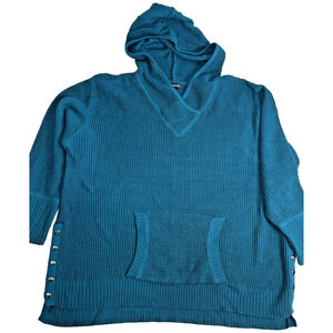 Roaman's Teal Blue Waffle Knit Hooded Cardigan Sweater 22/24 Plus Size